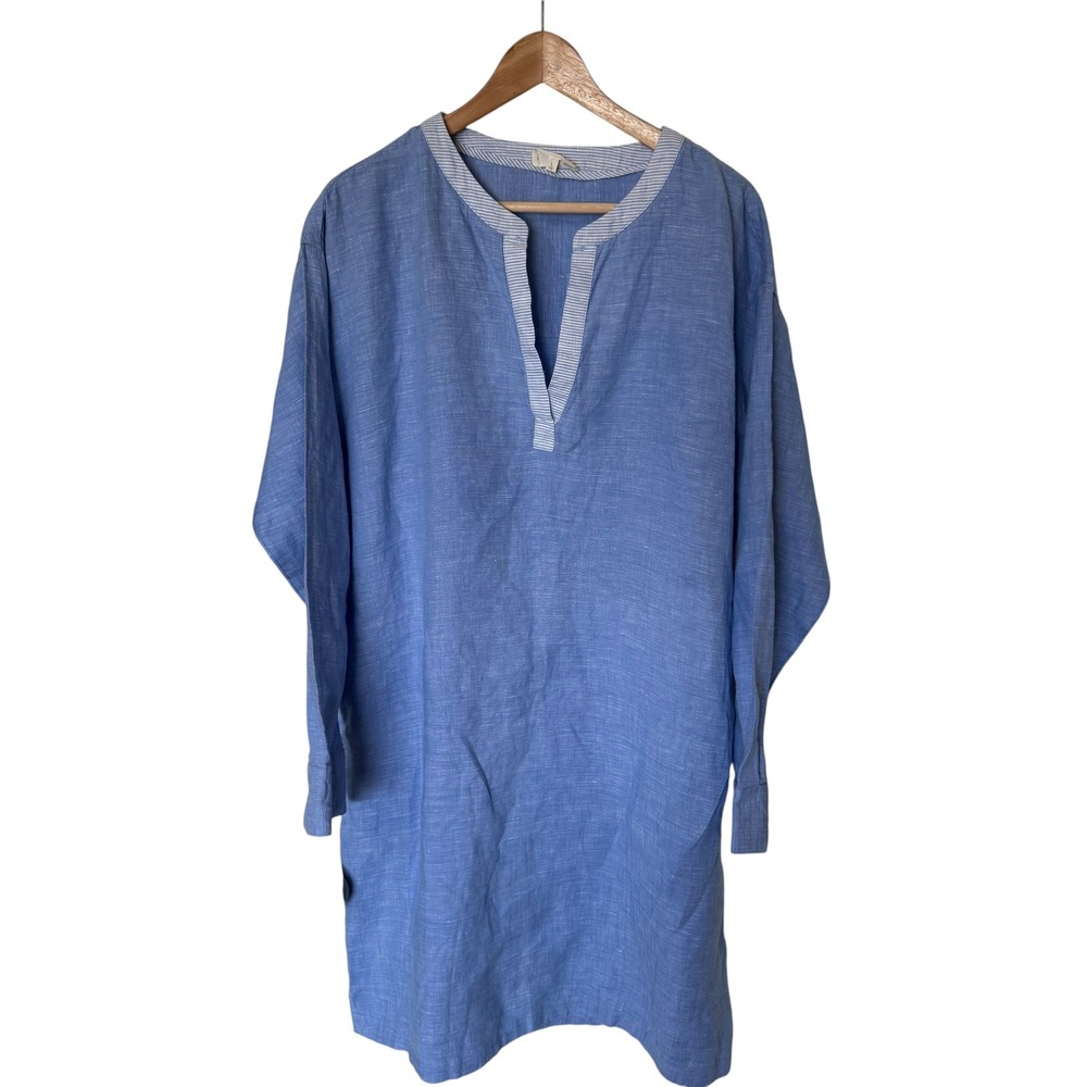 Lou & Grey Tunic Dress Womens Large Blue Linen Blend Split Neck Coastal Good